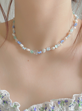 奶油光泽少女珍珠蓝色花朵小众