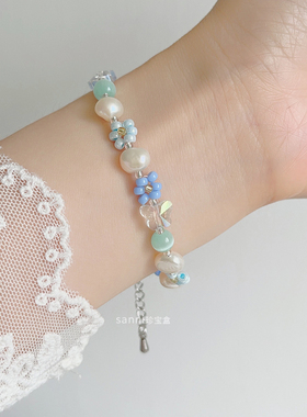 清爽夏日花朵薄荷蓝绿少女手链