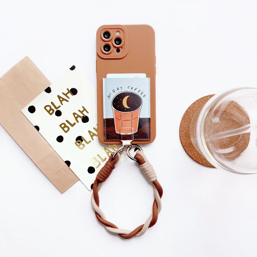 K003星月咖啡适用iPhone16promax手机壳15pro卡包防摔手绳13pro苹果14promax门禁身份证卡套11/12/15插卡SE软