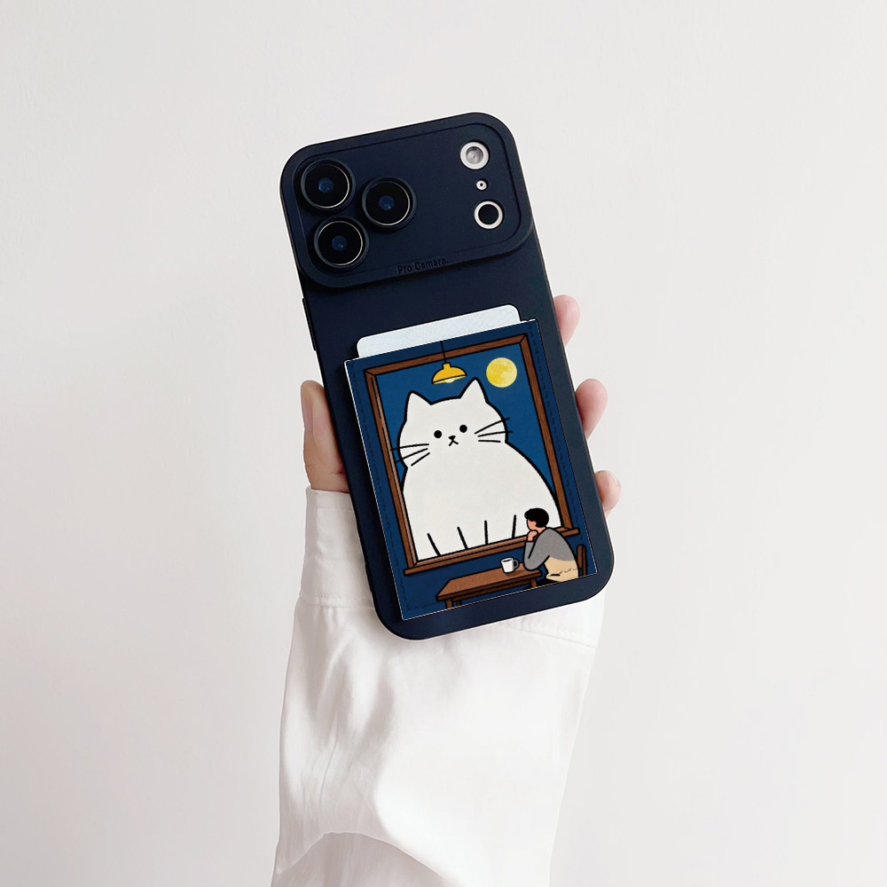 月窗猫影可爱装卡手机壳带卡包iphone17promax独立皮质插卡16promax交通卡套15/14/13精孔17pro便携15pro背贴