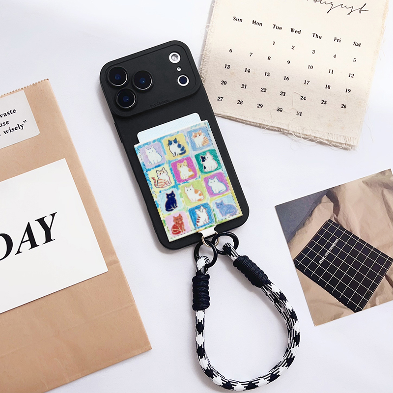 猫咪格子 可爱带卡包手机壳装卡套苹果16promax插卡16pro皮质iphone17promax身份证17pro精孔15/14/13/17挂绳