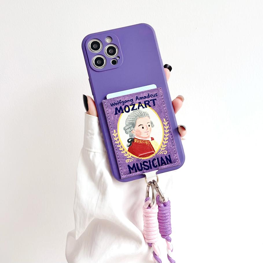 Q版莫扎特手机壳带卡包独立隔层插卡iPhone16promax卡套16pro苹果15pro背贴卡槽卡贴14pro防摔挂绳保护13/12