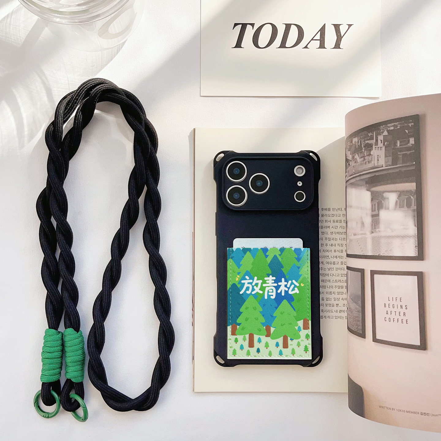 放青松放轻松文艺四角挂绳手机壳带卡包苹果17promax旅游斜挎iPhone17pro身份证装卡16promax皮质插卡套16/15