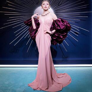 2024仿钟楚曦高定同款时尚性感红毯摄影宴会写真明星粉色抹胸礼服