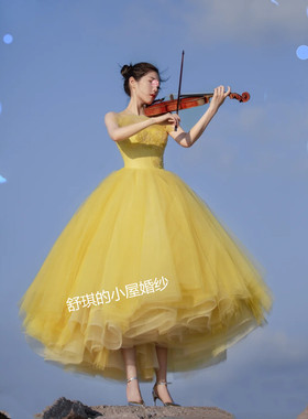 2025时尚公主名媛婚礼新娘表演年会成人礼黄色钉珠新款抹胸蓬蓬裙