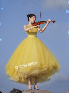 2025时尚公主名媛婚礼新娘表演年会成人礼黄色钉珠新款抹胸蓬蓬裙