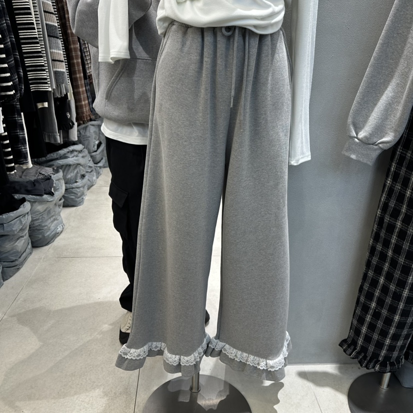 韩国东大门2025秋冬宽松减龄花边裤脚时尚加绒卫裤阔腿裤休闲裤女