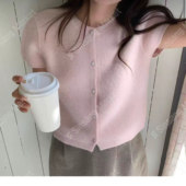 开衫 韩国东大门2025年秋新款 百搭舒适圆领珍珠扣纯色气质减龄短袖