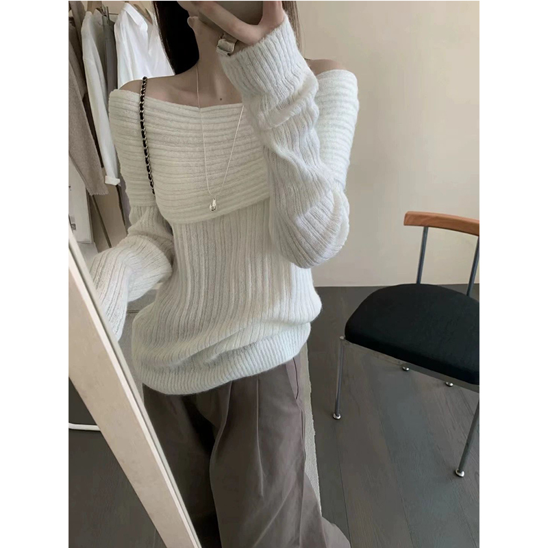 一字领露肩针织衫温柔纯色毛衣