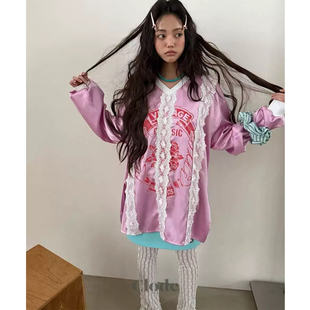 宽松休闲T恤 长袖 韩国东大门2026春女装 糖果色V领蕾丝图案中长款