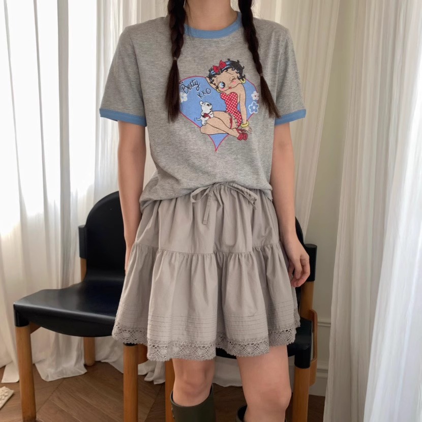 韩国东大门2025新款时尚宽松休闲卡通拼色短袖圆领T恤上衣女