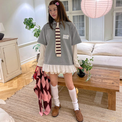 拼接个性polo领长袖T恤连衣裙