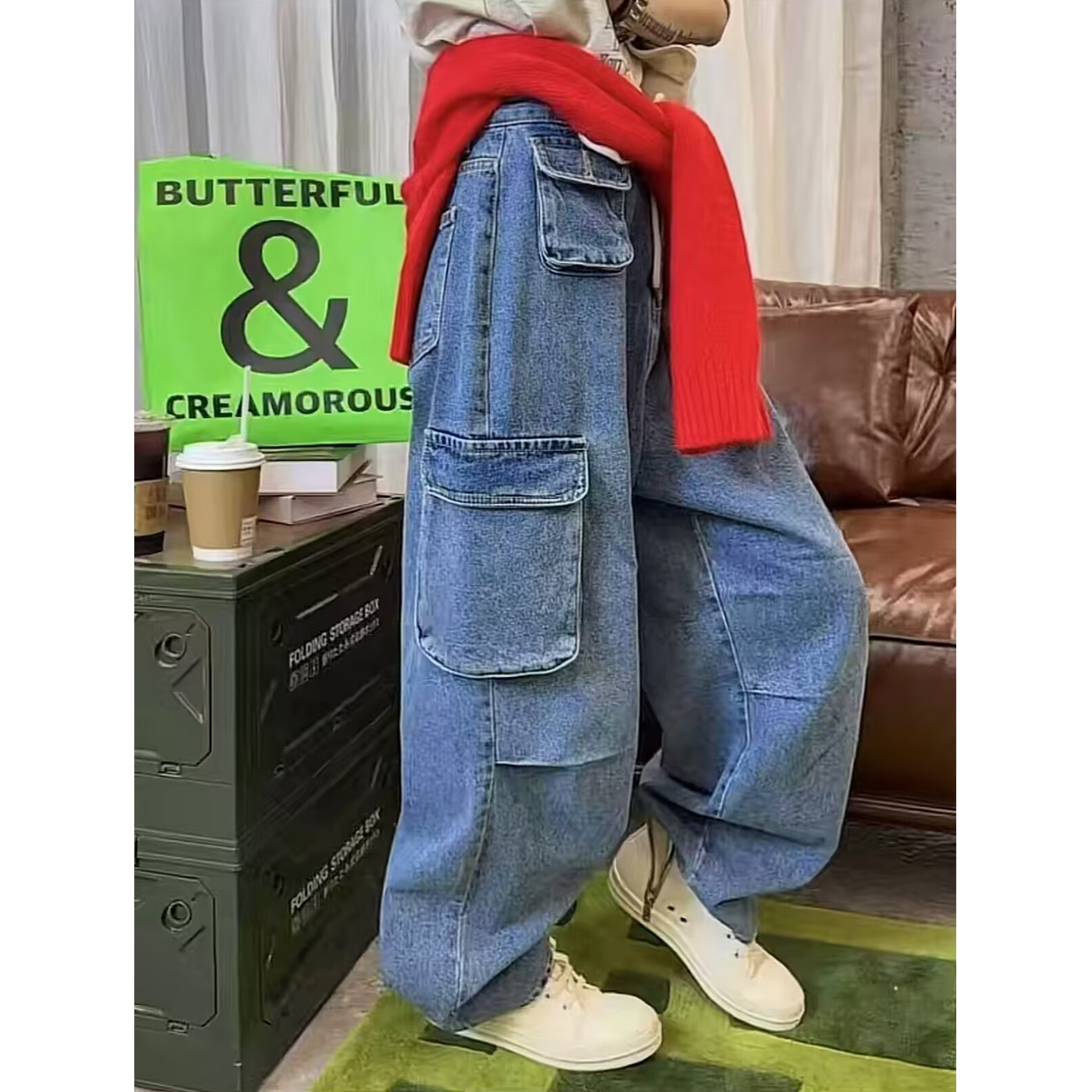 韩国东大门2025新复古多口袋工装宽松阔腿裤系带休闲牛仔裤女