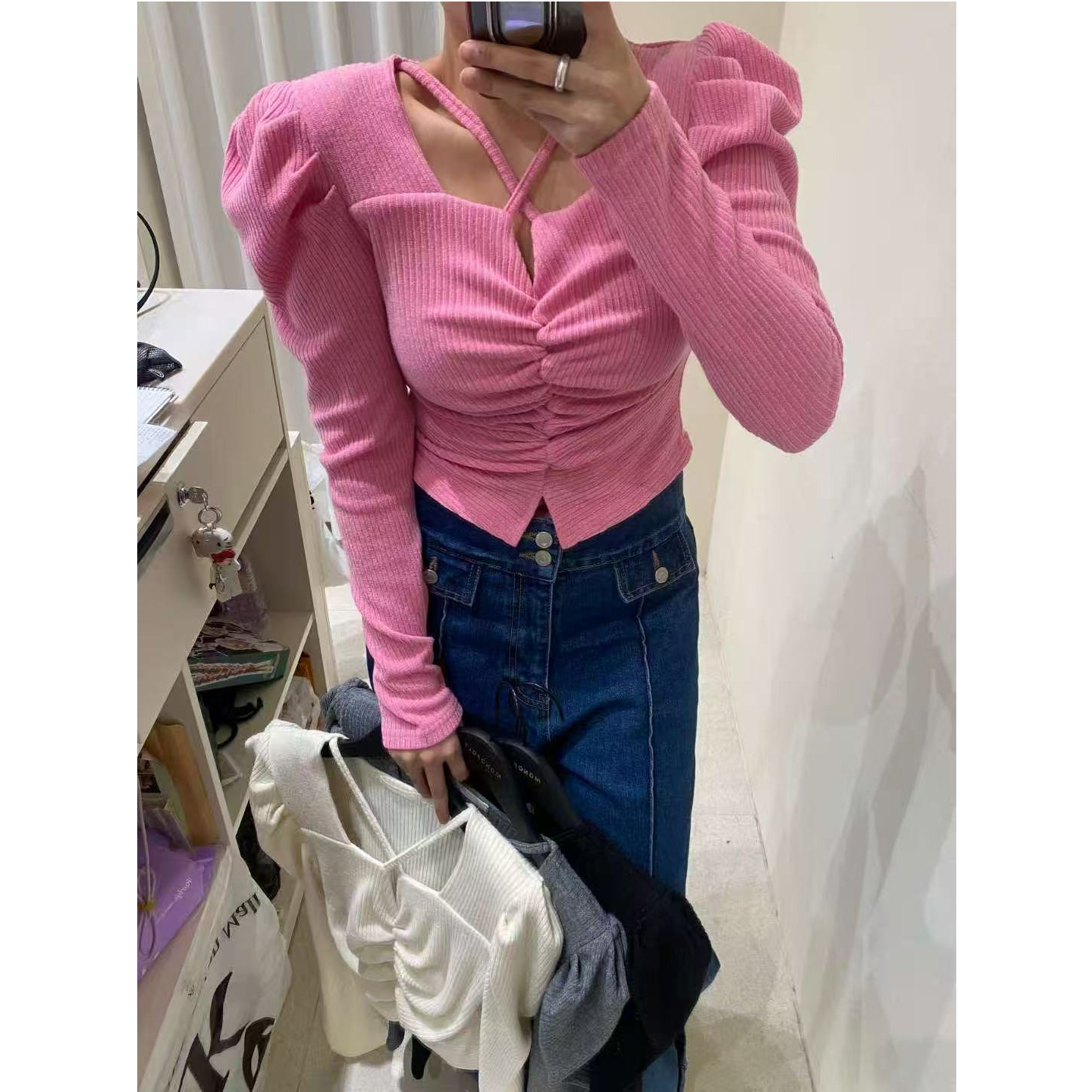 修身褶皱泡泡袖长袖T恤