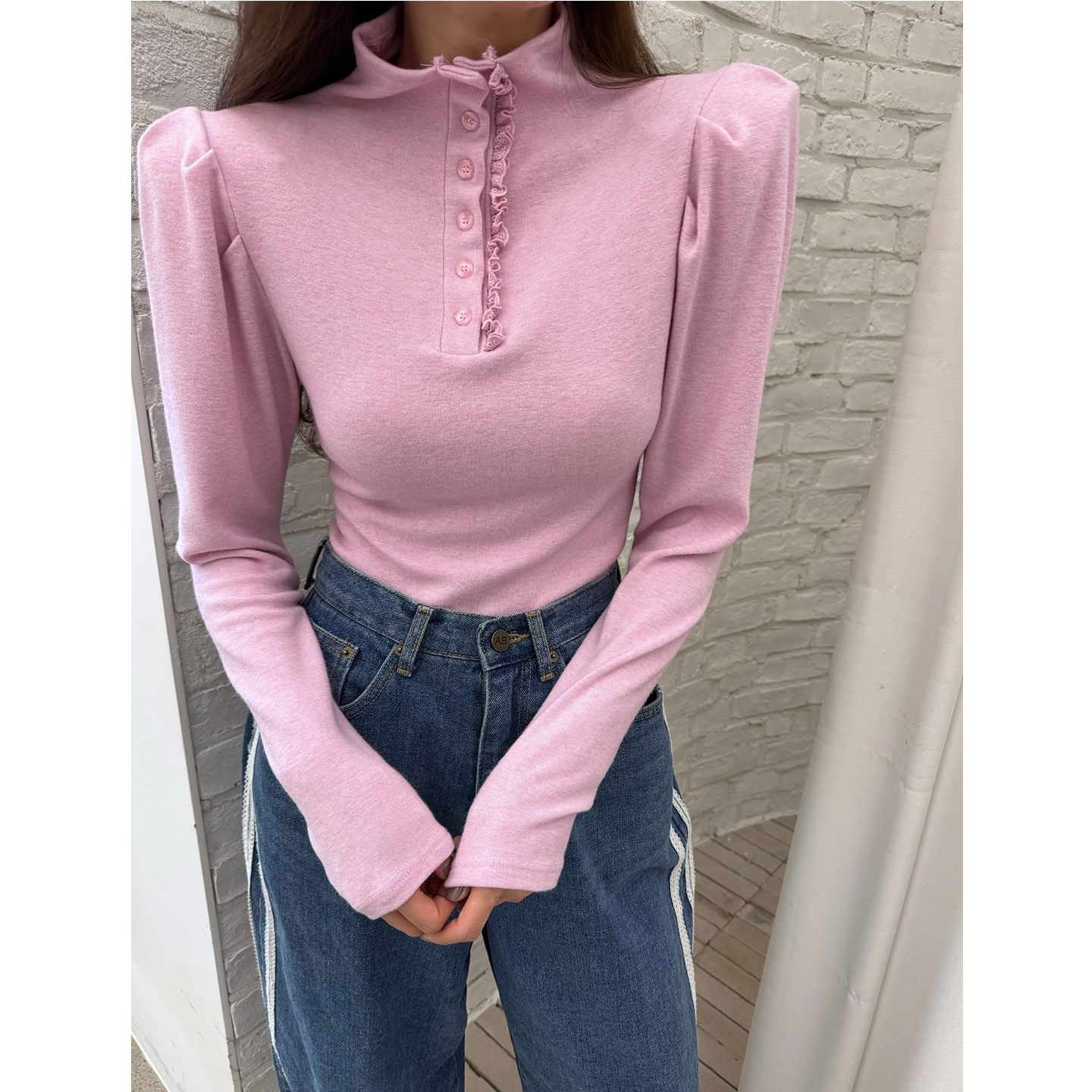 花边半高领纯色长袖花边T恤女