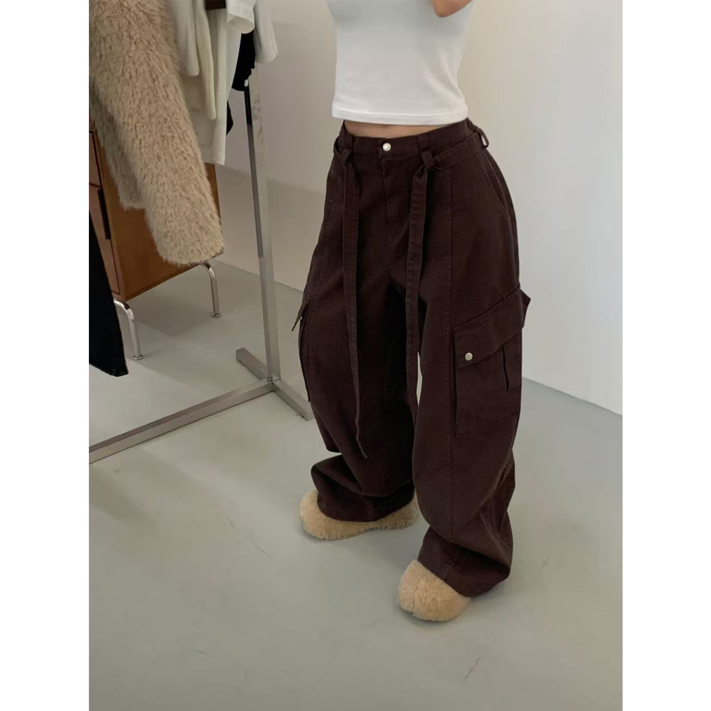 松紧腰大口袋宽松工装裤休闲裤