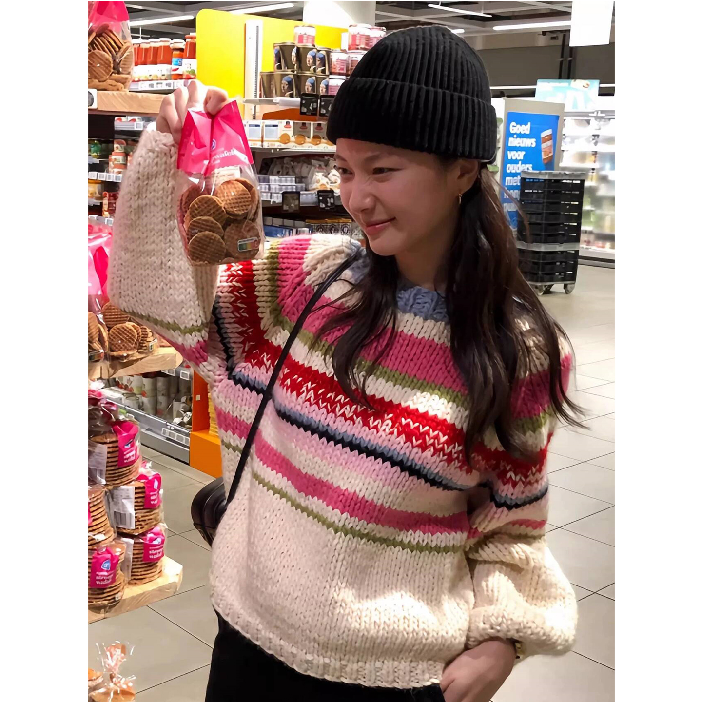 韩国东大门2025重工彩色粗针圆领条纹针织衫彩虹撞色套头毛衣女