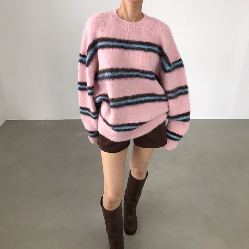 时尚圆领条纹针织衫毛衣女