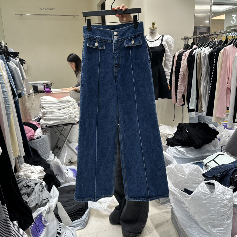 直筒明线压褶牛仔裤裤腿裤女