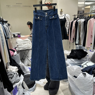 韩国东大门2025设计感高腰显比例直筒明线压褶牛仔裤裤腿裤女