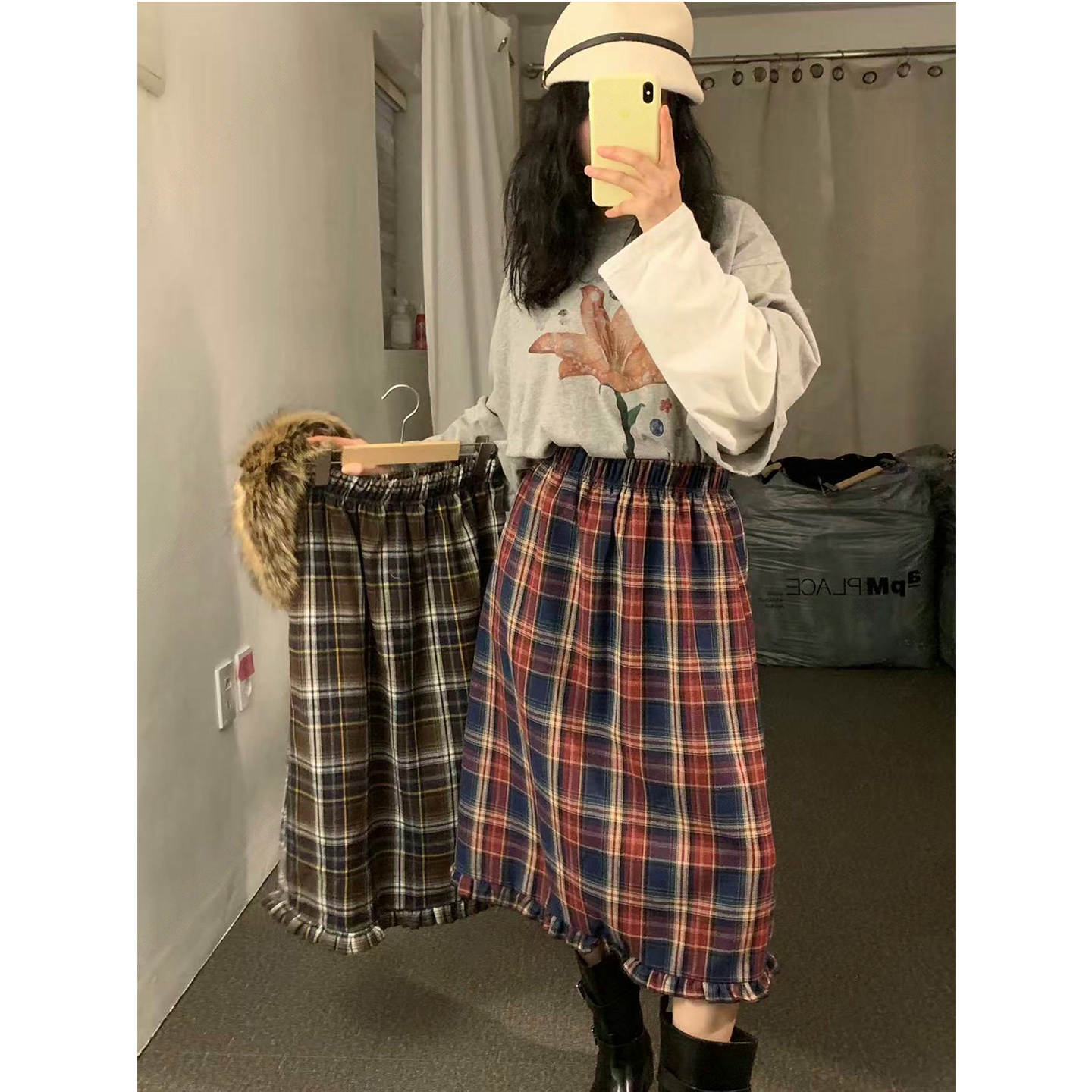 格纹拼色松紧腰半身裙中长裙