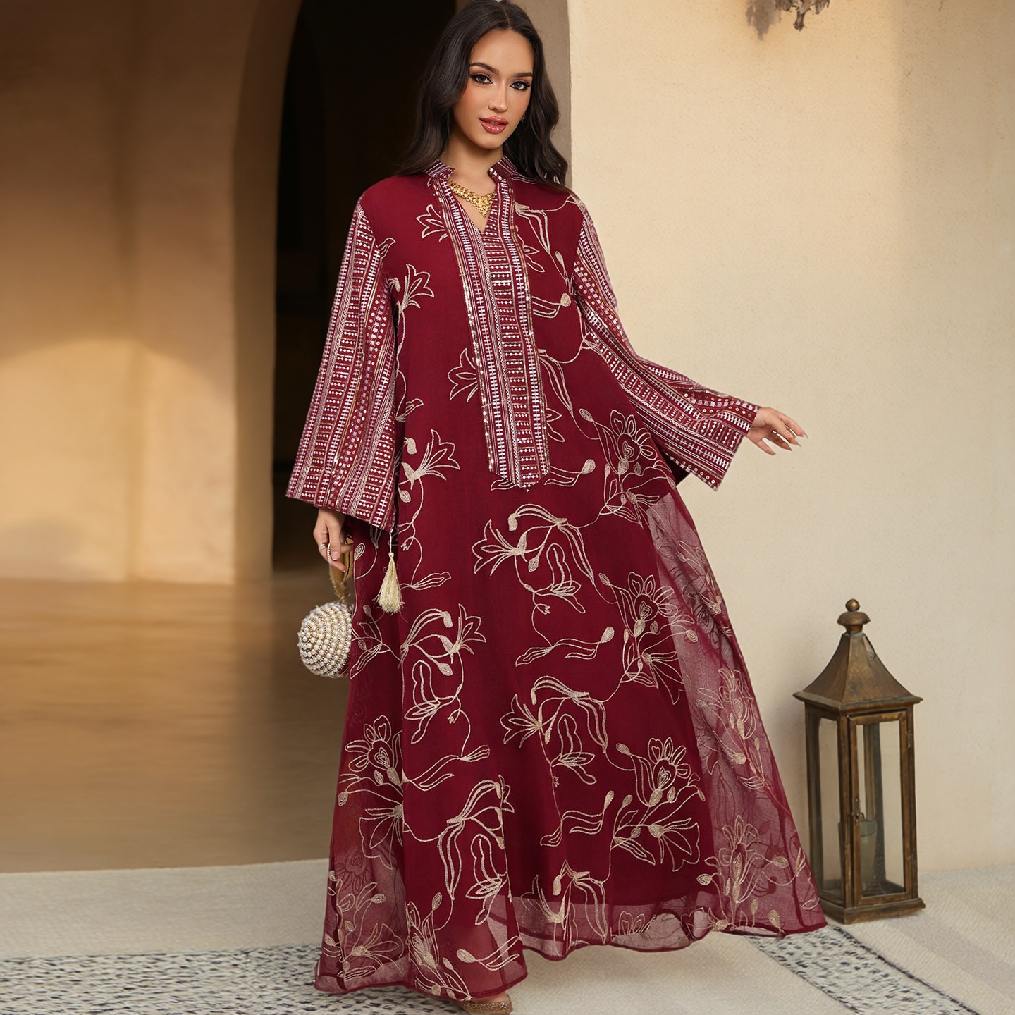 中东迪拜埃及马来阿拉伯女士长袍高级感亮片刺绣连衣裙晚礼服长裙