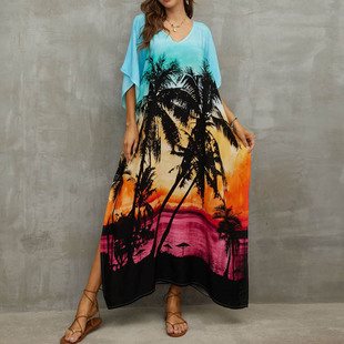 新款海岛度假海南三亚拍照沙滩裙渐变连衣裙大码复古气质长裙子女