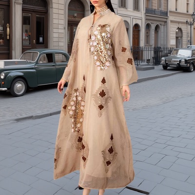 2026春季新款迪拜中东穆斯林阿拉伯刺绣珠片连衣裙大码晚礼服长袍