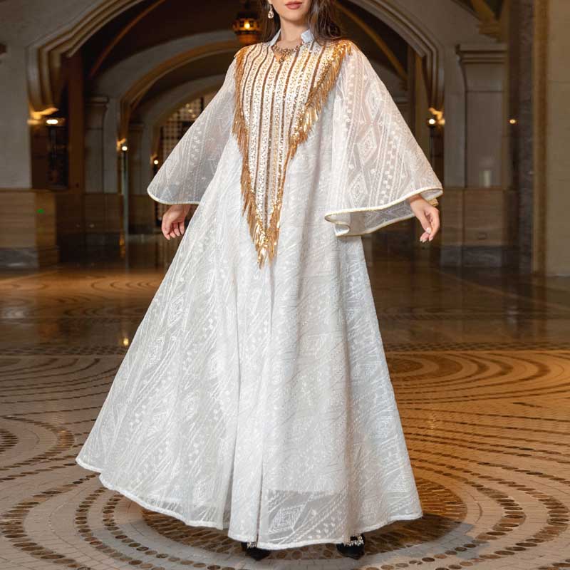 夏季新款欧美迪拜中东穆斯林阿拉伯珠片绣花连衣裙女晚礼服大长袍