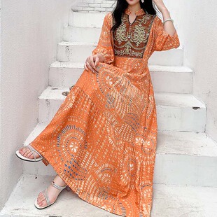 2025春夏新款阿拉伯中东服装长裙迪拜埃及阿布扎比长袍度假连衣裙