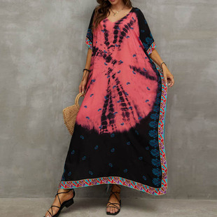 新款复古文艺大码显瘦扎染连衣长裙子云南三亚海边度假沙滩裙女夏