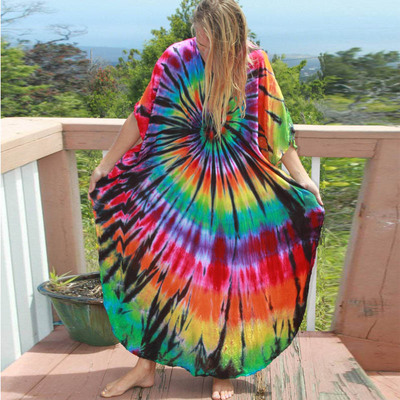 夏季新款扎染连衣裙高级感大码超长裙子三亚拍照海边度假沙滩裙女