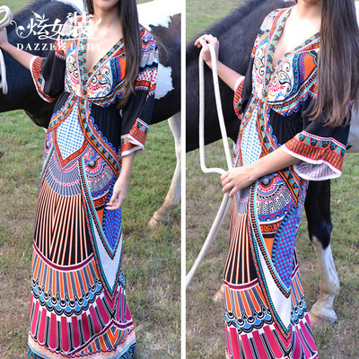 2026新款民族风印花连衣裙女大码沙滩裙胖mm显瘦海边度假长裙子夏