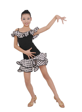 拉丁舞蹈蛋糕裙圆点荷叶边上衣伦巴练功服女童恰恰练习套装清仓