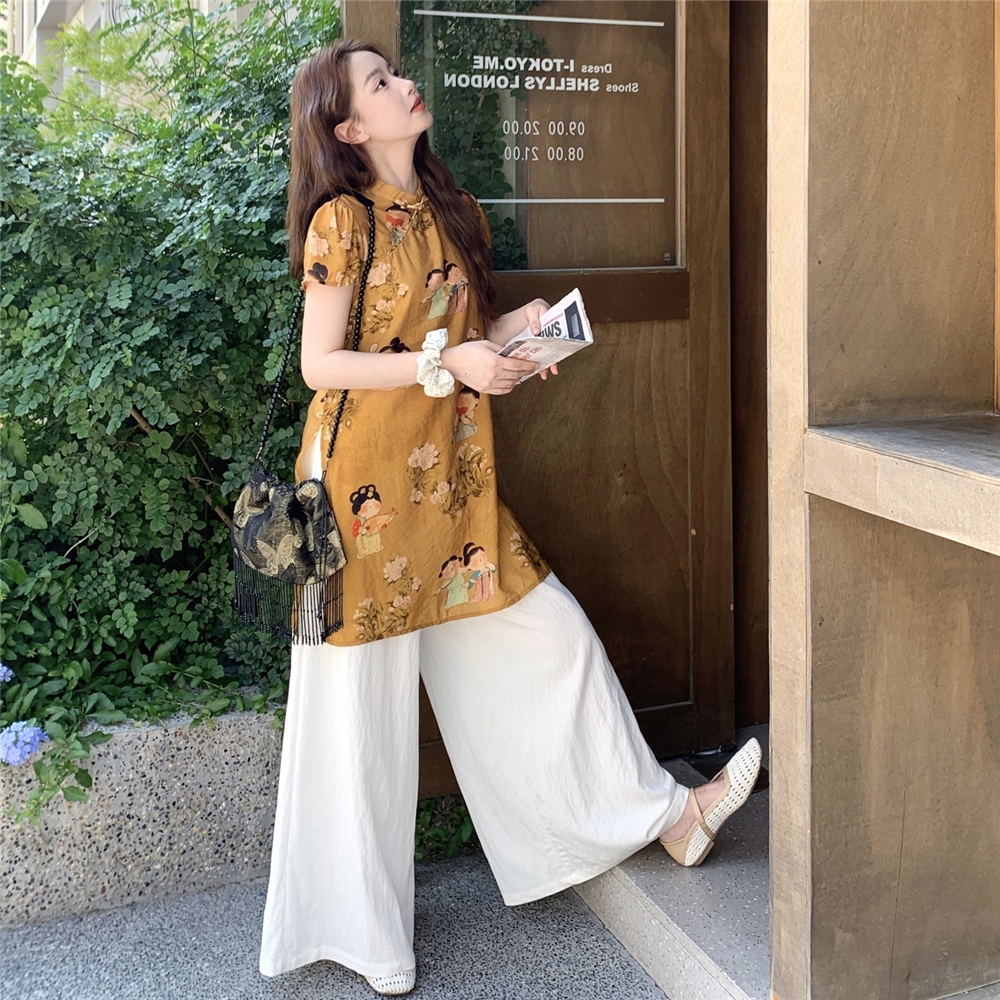 新中式国风高级感时尚套装女夏新款改良旗袍印花上衣阔腿裤两件套