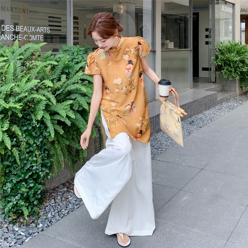 新中式国风高级感时尚套装女夏新款改良旗袍印花上衣阔腿裤两件套