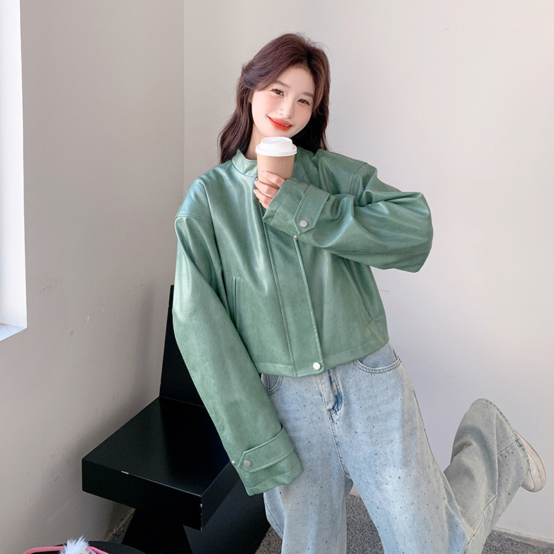 绿色立领皮衣外套女2025春季新款美式复古酷飒pu皮机车服夹克爆款