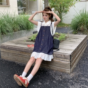 减龄衬衫 小个子甜美裙子 花边拼接牛仔吊带连衣裙套装 女2025夏新款