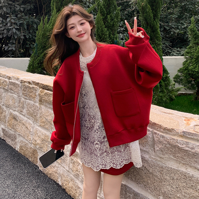 红色卫衣休闲运动套装秋季小个子