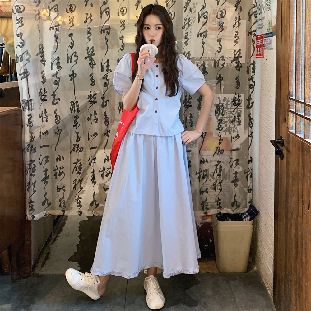 蓝色清冷感短袖衬衫半身裙两件套