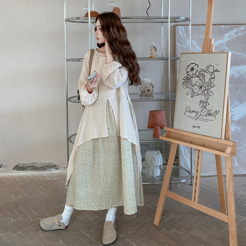 森系巨好看不规则罩衫拼接碎花裙女2025早秋新款气质减龄假两件裙