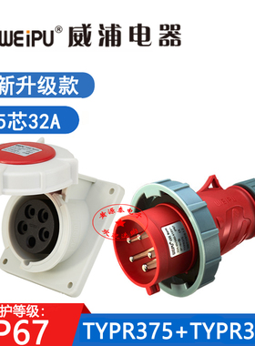 新款威浦工业插头TYPR375配TYPR3824暗装斜式插座32A5芯防水IP67