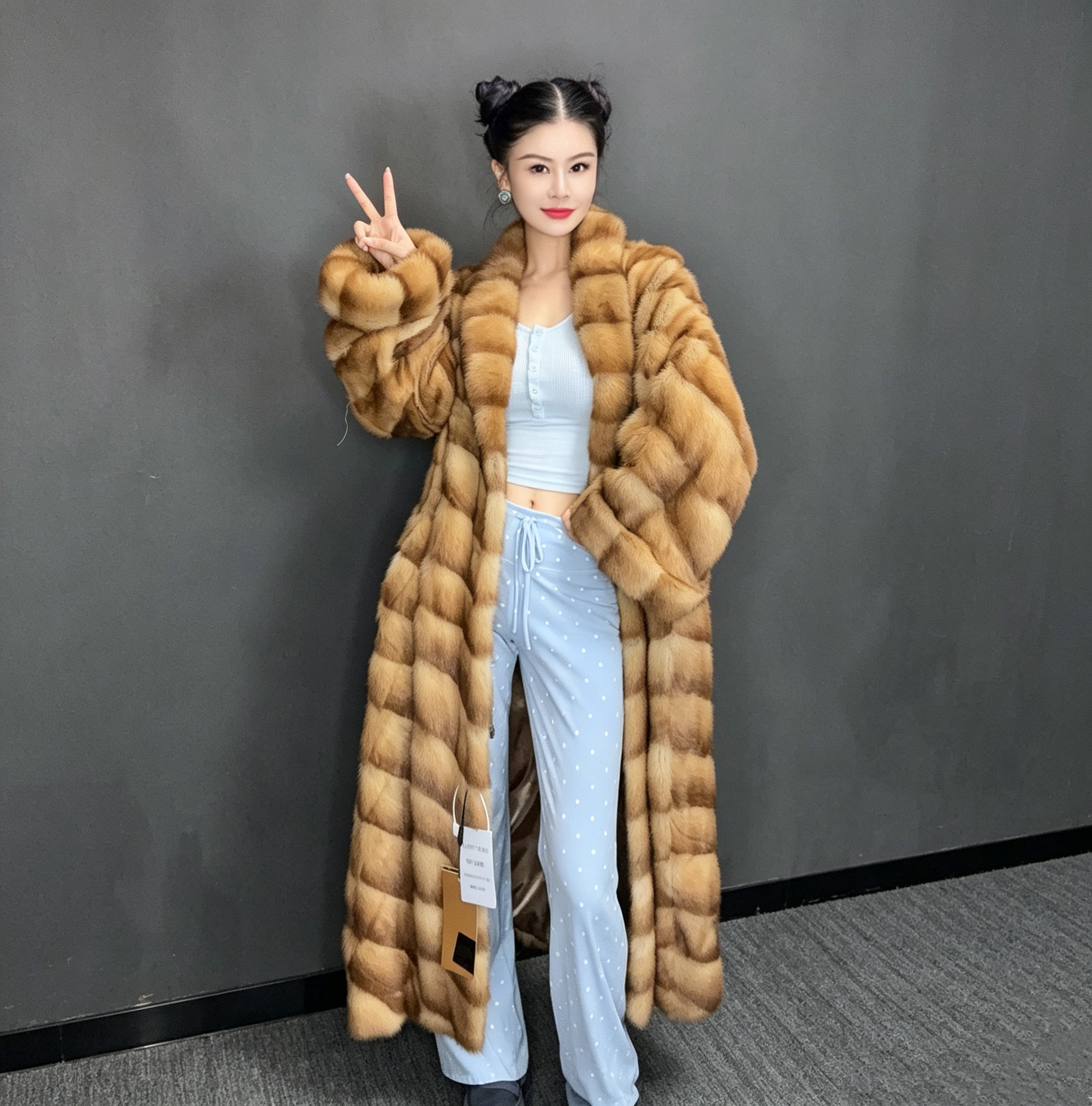 进口原生貂水貂斜排蜂蜜金色青果领大气女王范儿皮草长款外套