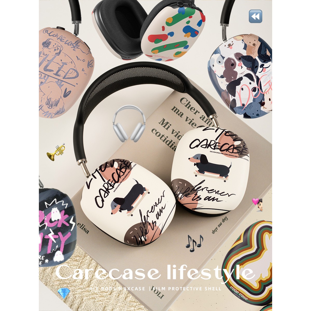 原创适用苹果AirPods Max菲林保护壳头戴式蓝牙耳机壳保护套 韩国进口材质硬壳卡通插画涂鸦简约