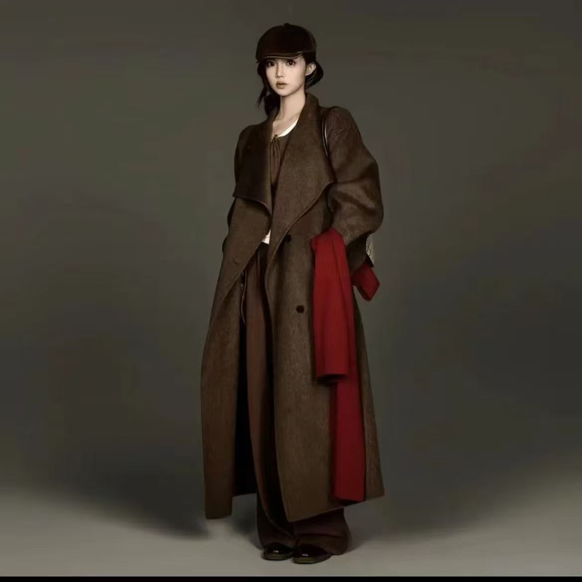 大翻领双面呢子大衣女高级感长款高个子加厚羊毛呢子羊绒外套冬季