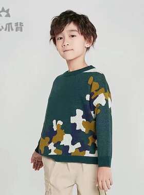 爪心爪背专柜正品男童装军绿色迷彩春秋冬季针织套头衫羊毛衫毛衣