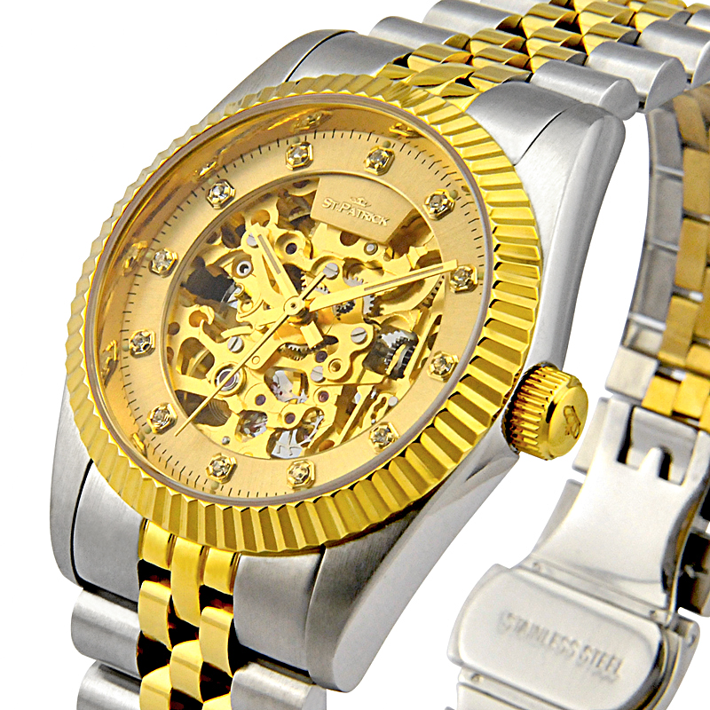 st.patrick正品全自动机械表男士蓝宝石镂空透底精钢包金手表