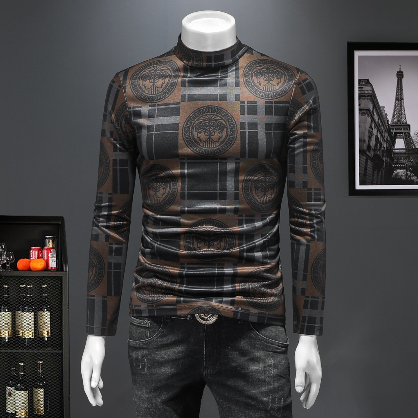 2025秋冬新款轻奢品质半高领双面绒打底衫D320-88367-P100，男装卫衣，电商D320-1