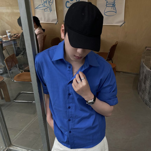 棉麻混纺老钱风男女卷袖短袖衬衫