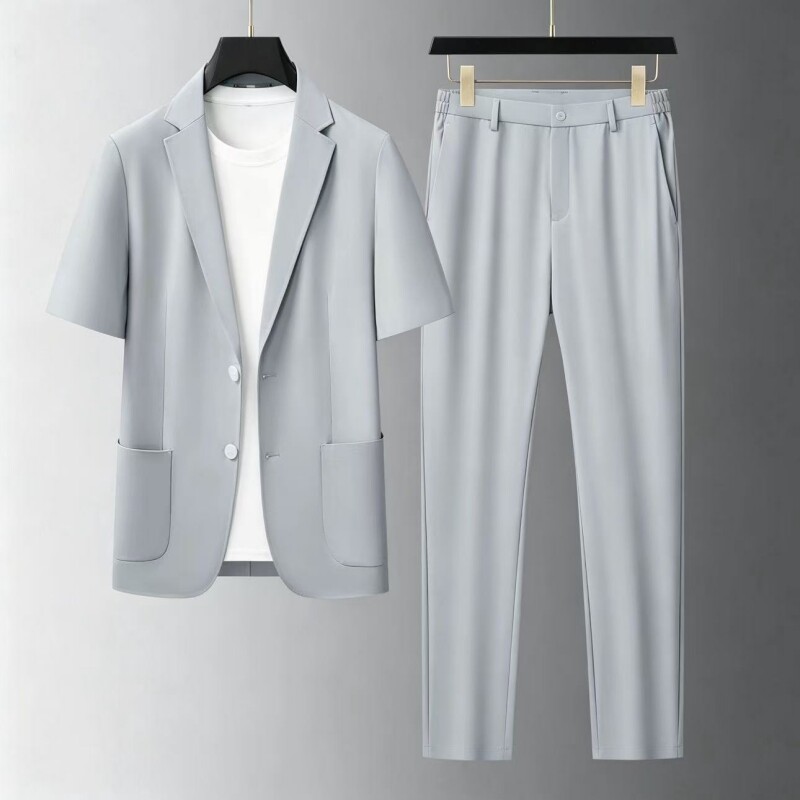 夏季超薄冰丝免烫短袖西服套装男